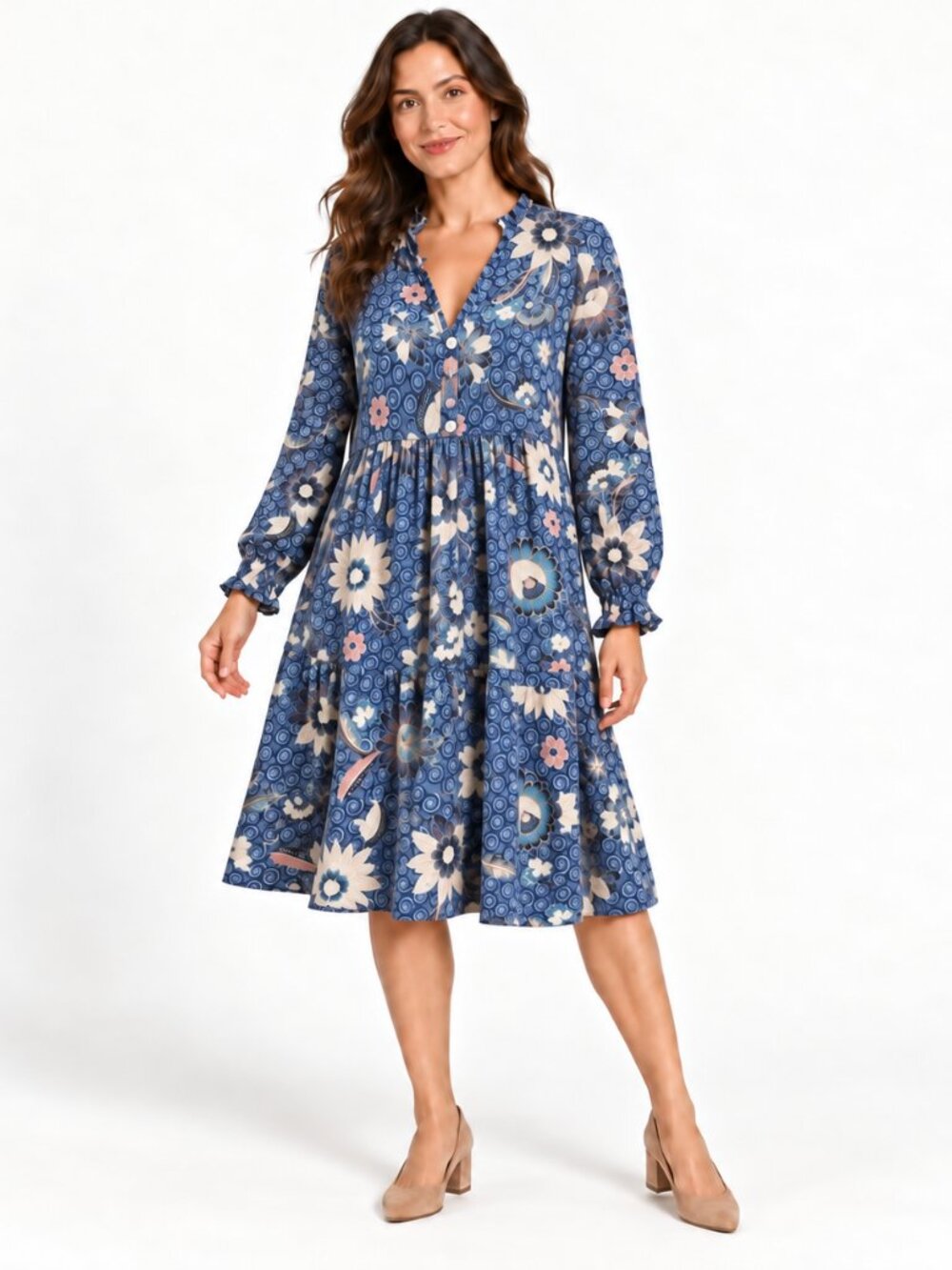 LOFT Blue Floral Long Sleeve Tiered Dress Size M - Picture 9 of 14